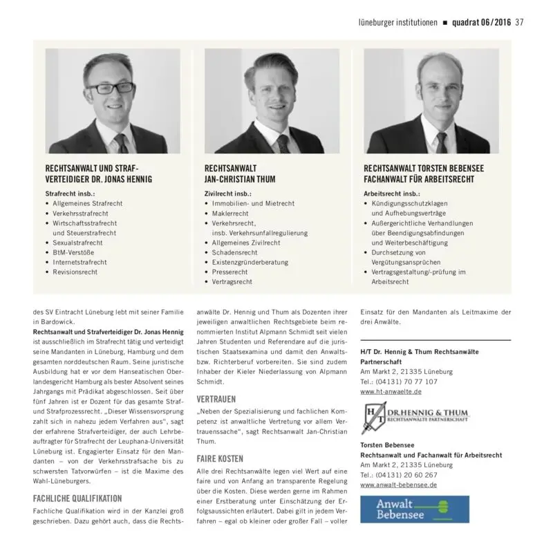 Seite des Magazins quadrat 06/2016 mit einem Porträt von Rechtsanwalt Torsten Bebensee