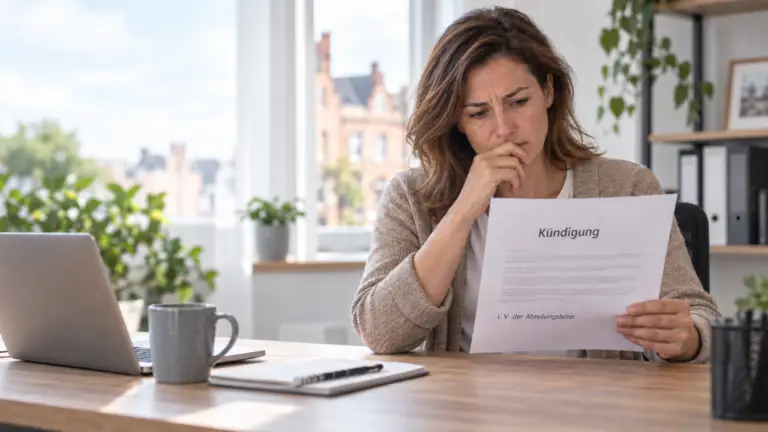 Arbeitnehmerin prüft am Schreibtisch, ob die Kündigung mit einer wirksamen Vollmacht unterschrieben wurde