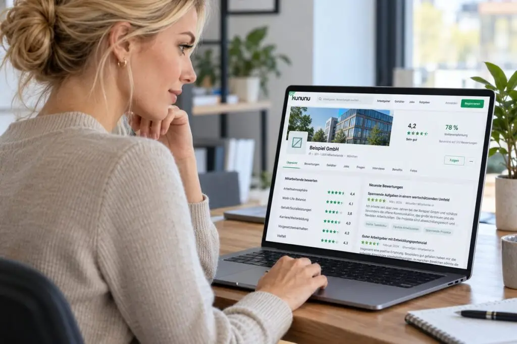 Arbeitnehmerin am Laptop bei der Suche nach einem neuen Arbeitgeber nach dem Aufhebungsvertrag