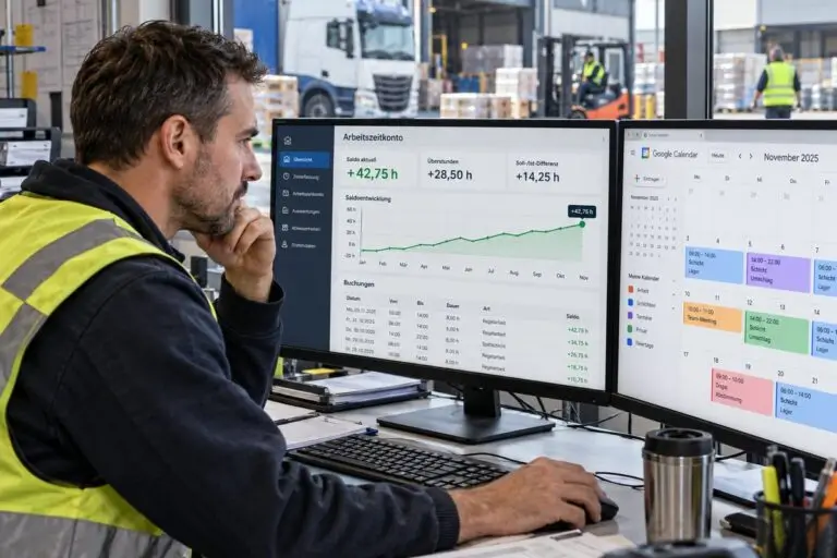 Disponent einer Spedition vor mehreren Bildschirmen mit Dienstplänen, Thema Arbeitszeitkonto